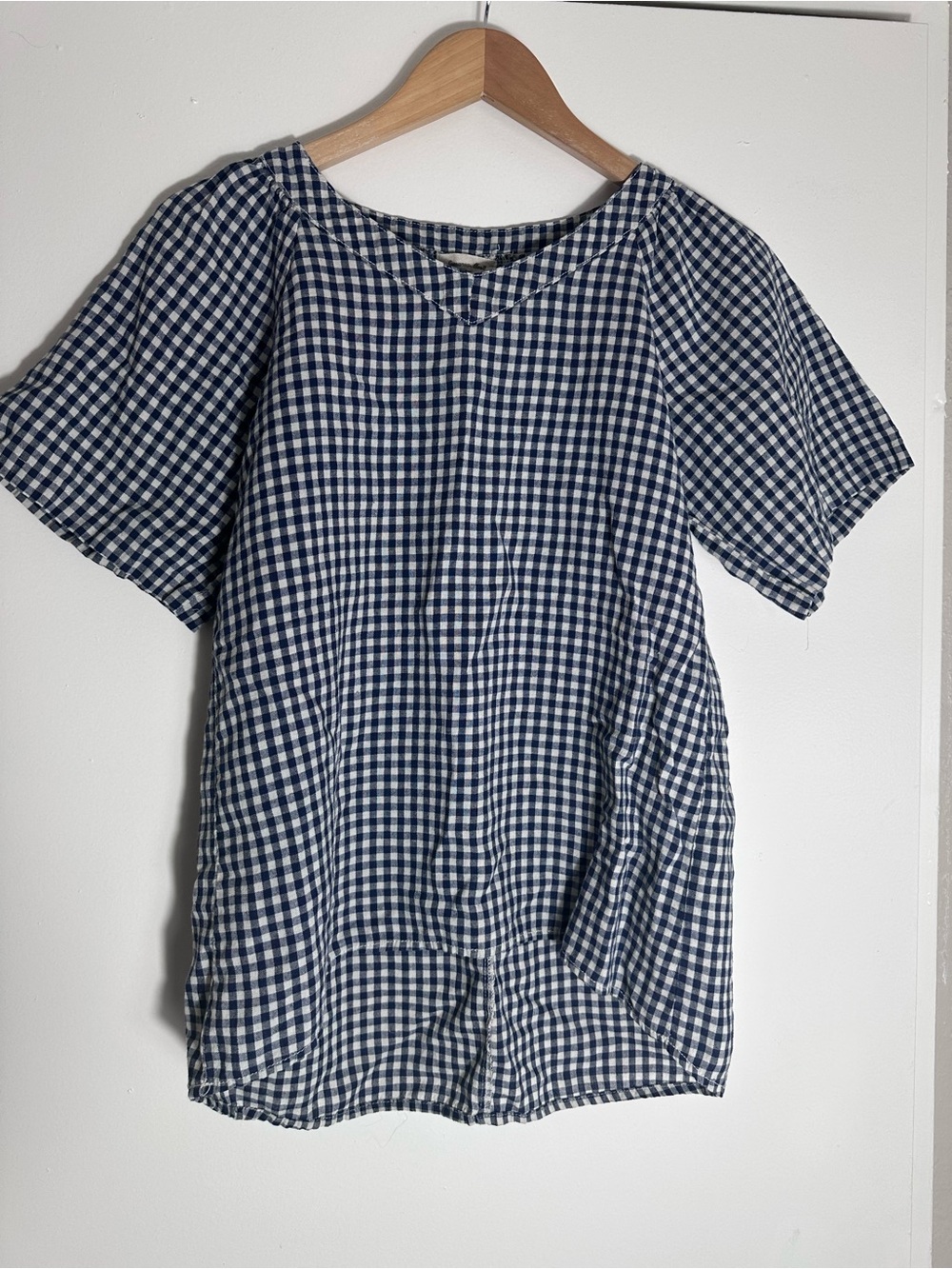 Blue Gingham Short Sleeve Linen Blend Women's Blouse